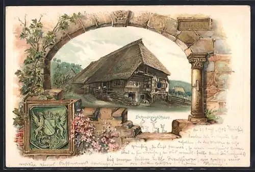 Passepartout-Lithographie Kniebis, Schwarzwaldhaus mit Burgtor-Passepartout, Wappen