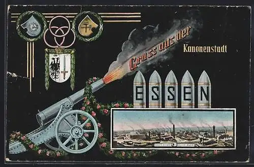 AK Essen, Totalansicht der Fried. Krupp-Werke, feuernde Kanone, Wappen