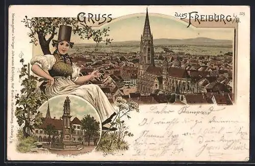 Lithographie Freiburg i. B., Berthold Schwarz-Denkmal, Totalansicht, Frau in Tracht