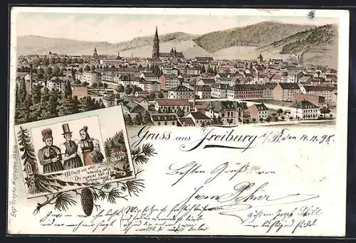 Lithographie Freiburg i. B., Totalansicht, Drei Damen in Tracht