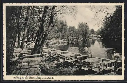 AK Strausberg i. d. Mark, Gasthaus Schlagmühle, Flussterrasse