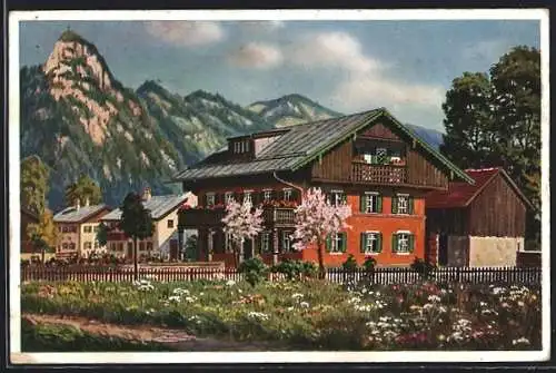 AK Oberammergau, Pension Sonnenschein M. Kratz mit Bergpanorama