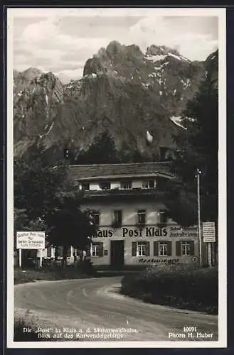 AK Klais a. d. Mittenwaldbahn, Gasthaus Post mit Blick auf das Karwendelgebirge