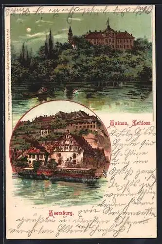 Lithographie Mainau, Schloss, Dampfer passiert Meersburg