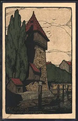 Steindruck-AK Konstanz, Rheintorturm mit altem Kahn