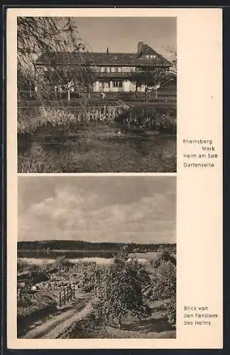 AK Rheinsberg, Gartenseite vom Heim am See und Blick von den Festern des Heims auf die Landschaft