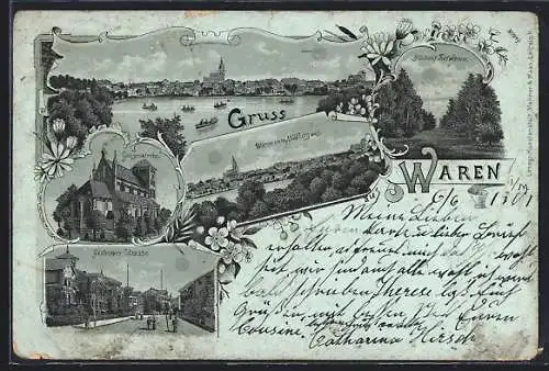 Mondschein-Lithographie Waren, Güstrower Strasse, Georgenkirche, Blick auf Tiefwaren