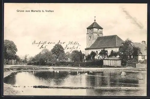 AK Marwitz b. Velten, Ortspartie mit Teich und Kirche