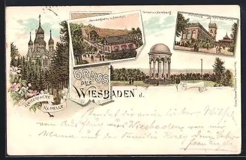 Lithographie Wiesbaden, Nerobergbahn mit Bahnhof, Griechische Kapelle und Restaurant auf dem Neroberg