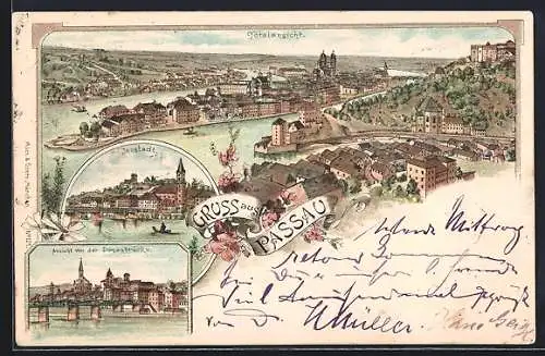 Lithographie Passau, Ansicht von der Donaubrücke aus, Innstadt, Totalansicht