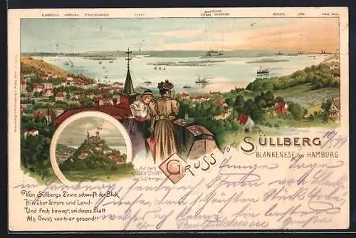 Lithographie Hamburg-Blankenese, Süllberg, Aussichtsturm