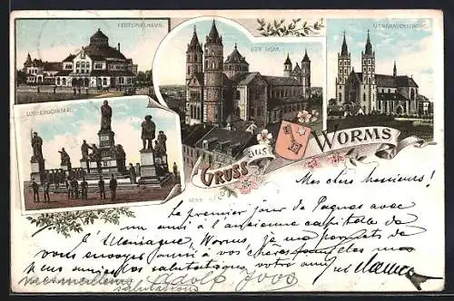 Lithographie Worms, Festspielhaus, Lutherdenkmal, Liebfrauenkirche