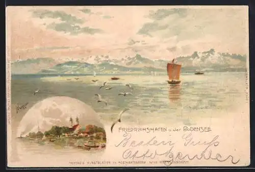 Lithographie Friedrichshafen /Bodensee, Seeblick auf die Stadt, Fischerboot und Möwen