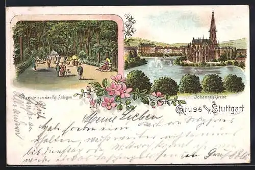 Lithographie Stuttgart, Johanneskirche, Partie aus den Königlichen Anlagen