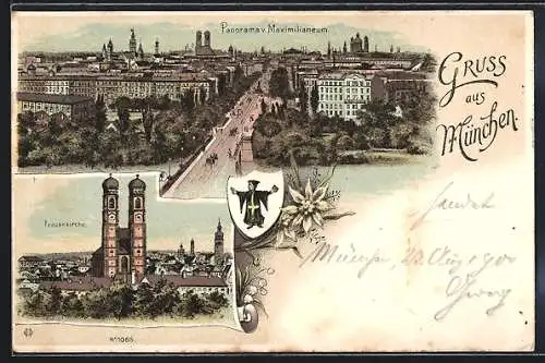 Lithographie München, Frauenkirche, Panoramablick vom Maximilianeum aus