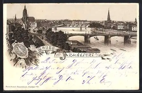 Lithographie Alt-Frankfurt, Ansicht der Stadt mit Dom und Brücke, Wappen