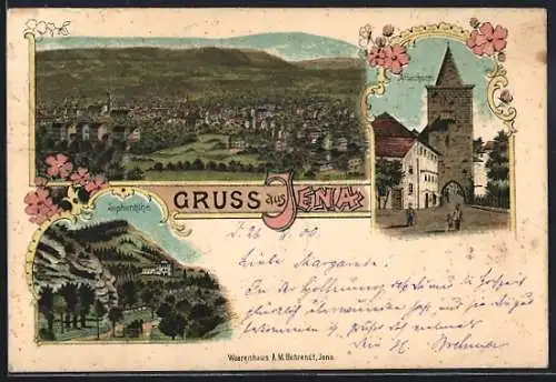 Lithographie Jena, Sophienhöhe, Affenthurm, Totalansicht