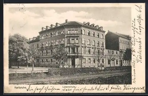 AK Karlsruhe, Luisenschule mit Strassenpartie