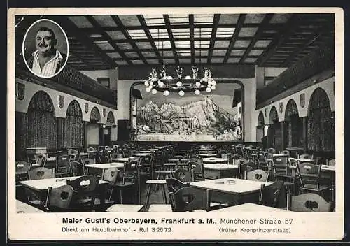 AK Frankfurt a. M., Gasthaus Maier Gustls Oberbayern, Münchener Strasse 57, Innenansicht