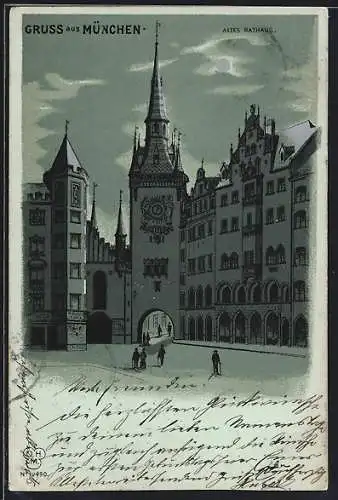 Mondschein-AK München, Altes Rathaus mit Strassenpartie