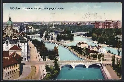 AK München, Partie an der Isar, Blick gegen Norden mit der Praterinsel
