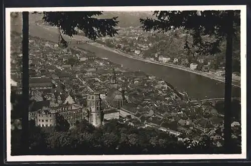 AK Heidelberg, Blick vom Rindenhäuschen auf Schloss und den Ort