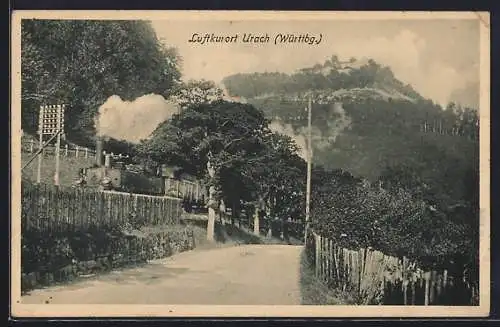 AK Urach /Württbg., Strassenpartie mit Eisenbahn und Burg
