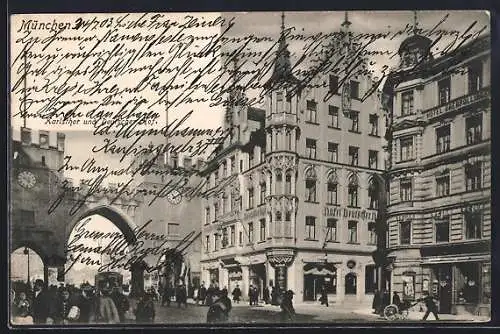 AK München, Karlstor und Hotel Deutscher Hof mit Strassenbahn