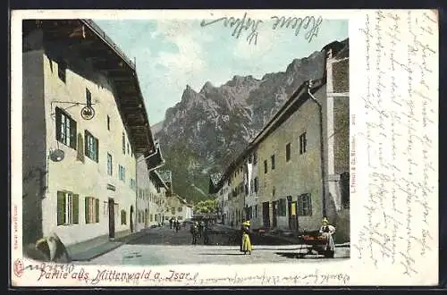 AK Mittenwald, Untere Marktstrasse mit Bergpanorama