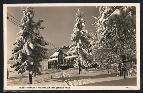 AK Oberwiesenthal /Erzgebirge, Hotel Rotes Vorwerk im Winter