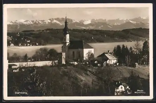 AK Starnberg, Ortspartie mit Kirche und Gipfelpanorama