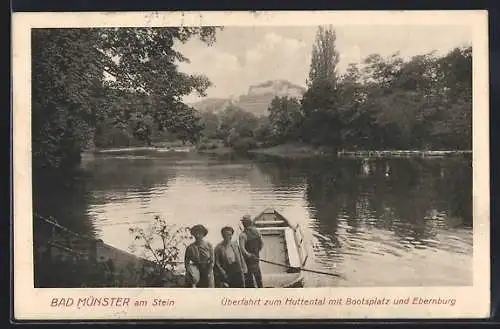 AK Bad Münster am Stein, Überfahrt zum Huttental mit Bootsplatz und Ebernburg, Fährmann mit Fähre