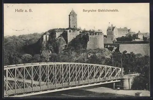 AK Halle a. S., Burgruine Giebichenstein von der Brücke aus