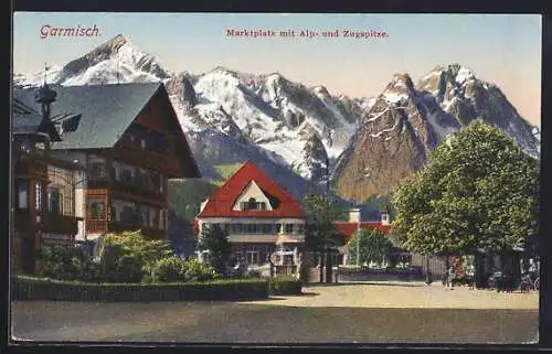 AK Garmisch, Marktplatz mit Alp-und Zugspitze