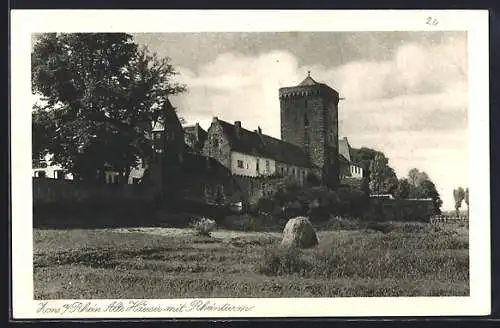 AK Zons am Rhein, Alte Häuser mit dem Rheinturm