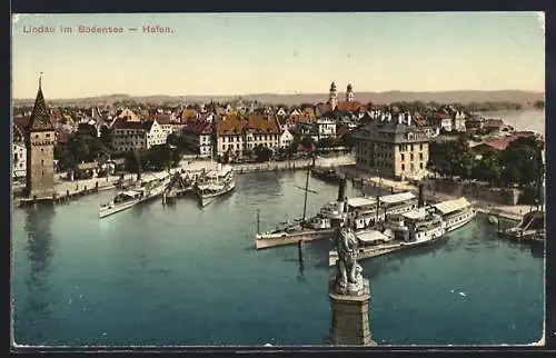 AK Lindau im Bodensee, Hafen mit Löwen-Statue