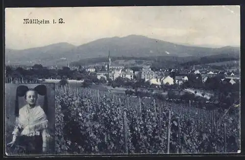 AK Müllheim, Blick zum Ort, Frau in Tracht