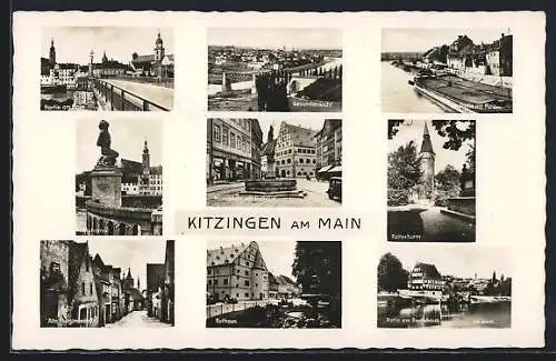 AK Kitzingen a. M., alte Poststrasse, Partie am Main, Marktplatz mit Rathaus