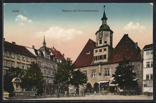 AK Jena, Rathaus mit Bismarckbrunnen