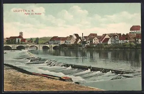 AK Lauffen a. N., Uferpartie mit Wehr und Brücke