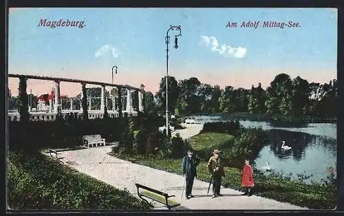 AK Magdeburg, Spaziergänger am Adolf Mittag-See