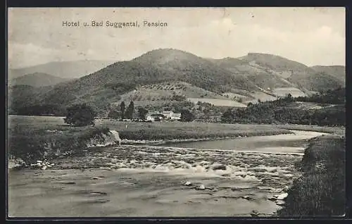 AK Suggental, Flusspartie mit Blick zum Hotel Suggenbad v. Fritz Scheid