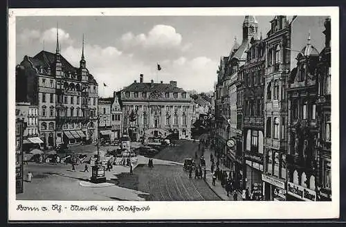 AK Bonn a. Rh., Markt mit Geschäften und Rathaus