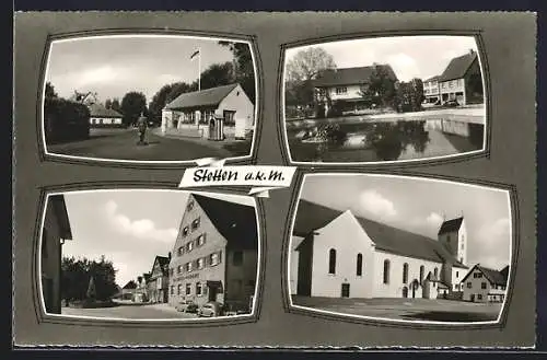 AK Stetten a. k. M., Kirche, Strassenansicht mit Gasthaus zur Krone, Teichpartie