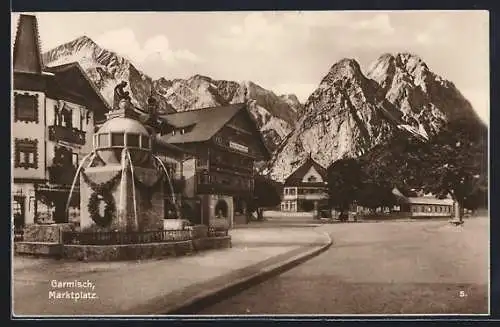 AK Garmisch, Marktplatz mit Brunnen