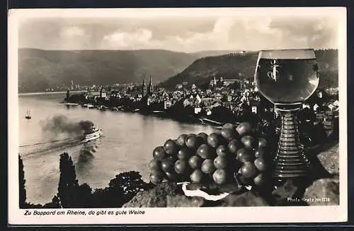 AK Boppard am Rhein, Teilansicht mit Weinglas