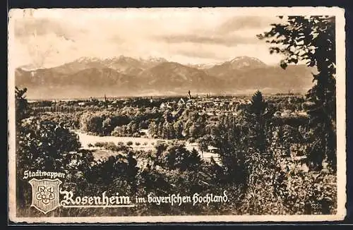 AK Rosenheim, Ortspanorama mit Gebirge