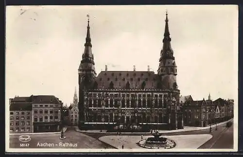 AK Aachen, Rathaus und Strassenpartie mit Strassenbahn