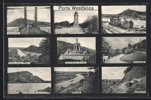 AK Porta Westfalica, Kaiser Wilhelm-Denkmal, Wittekindsberg, Weserbrücke