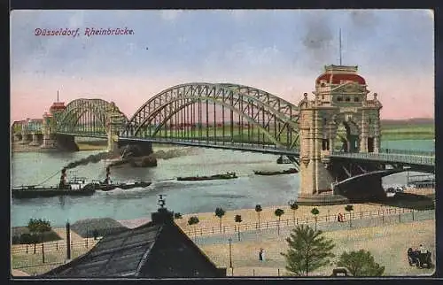 AK Düsseldorf, Rheinbrücke mit Dampfer